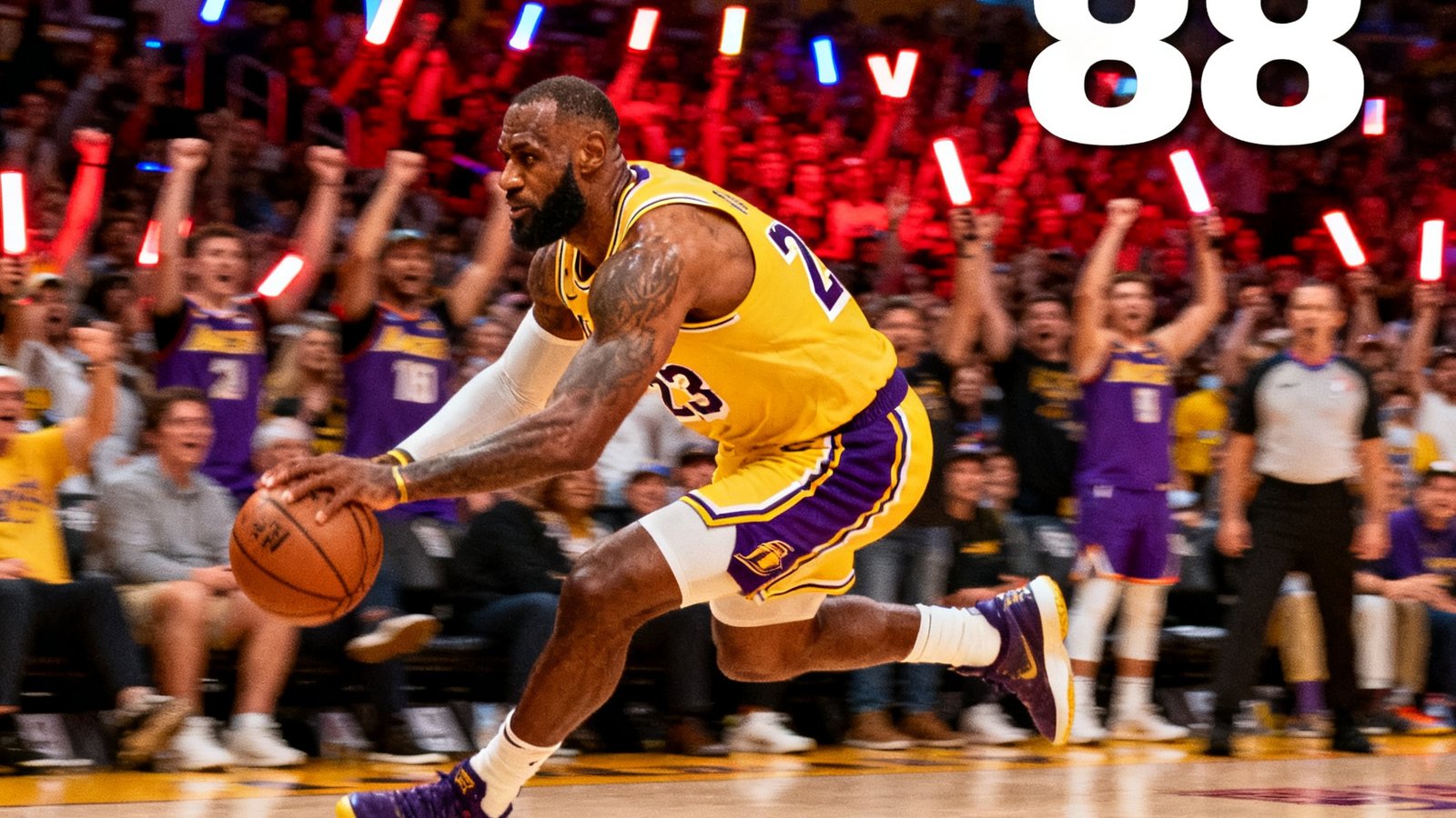 NBA西部决赛湖人vs掘金，勒布朗突破上篮瞬间，比分实时显示，观众席沸腾